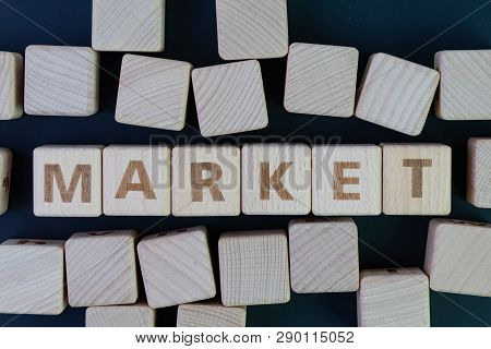 Market, Buy And Sell Place In Modern Internet World Concept, Straggle Cube Wooden Blocks With Some C
