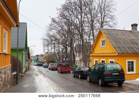 Trakai, Lithuania - January 02, 2013: Traditional Wooden Houses In Center Of Trakai. Is A Historic C