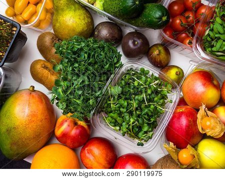 Colorful Fruits, Vegetables, Microgreens Sprouts Background, Rich In Antioxidants