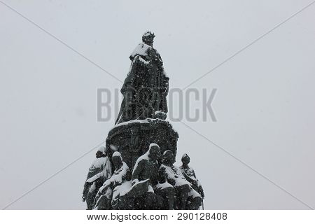 Monument To Empress Catherine Ii At Ostrovsky Square And Ekaterininsky Garden In St. Petersburg, Rus