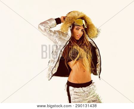 Look At This. It Is So Cold. Sexy Woman In Winter Clothes. Happy Winter Holidays. Girl In Ski Or Sno