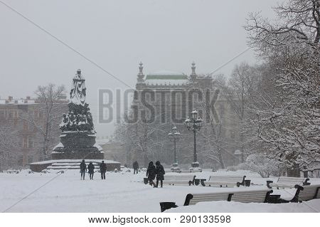 Ekaterininsky Garden And Ostrovsky Square With Monument To Catherine Ii On Winter Season In St. Pete