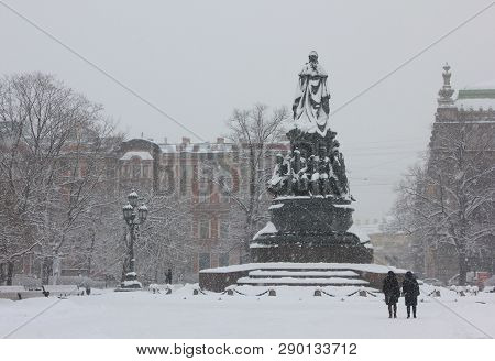 Ekaterininsky Garden At Ostrovsky Square With Monument To Empress Catherine Ii On Winter In St. Pete