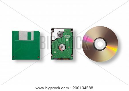 Data Storage Medium Evolution - Floppy Disk, Cd Disk, Small Hard Disk Drive Isolated On White Backgr