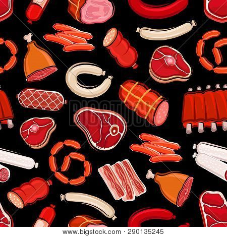Sausages And Meat Seamless Pattern. Vector Butchery Shop Food, Beef And Pork, Salami And Tenderloin,