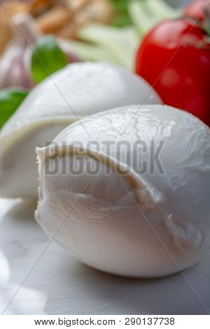 Balls Of Buffalo Mozzarella, Soft Italian Scheese Made From The Milk Of Italian Mediterranean Buffal