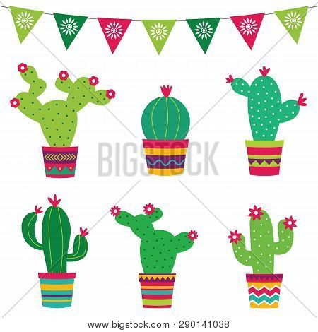 Colorful Cacti Flower Pots And Decoration, Vector Design