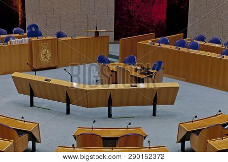 Den Haag, The Netherlands - August 29, 2012: Wide View Of Interior Of The Empty Plenary Hall Of The 