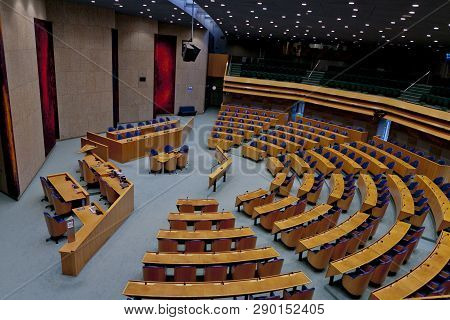 Den Haag, The Netherlands - August 29, 2012: Wide View Of Interior Of The Empty Plenary Hall Of The 