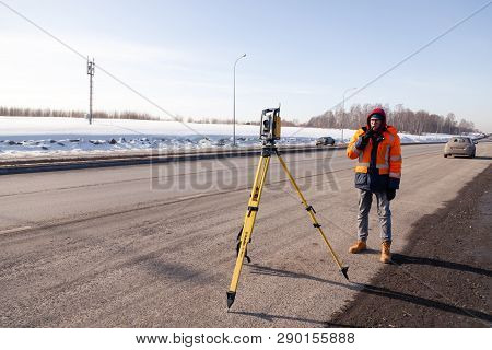 Russia Kemerovo 2019-03-15. Land And Construction Surveyor Equipment. Geodesist Controls Robotic Tot