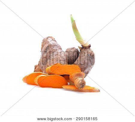 Baby Turmeric Plant,slice Turmeric On White Background.