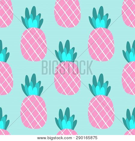 Tropical Ananas Pineapple Fruit Seamless Pattern On White Background. Vector Illustration For Textil