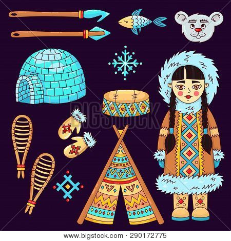 Eskimo North Colorful Cartoon Icons Vector Set