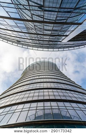 Warsaw Poland. February 18, 2019. Glass Skyscrapers Of Irregular Shape. Bottom View. Abstract Archit