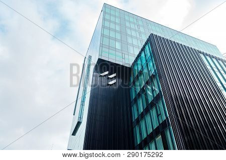 Warsaw Poland. February 18, 2019. Glass Skyscrapers Of Irregular Shape. Bottom View. Abstract Archit