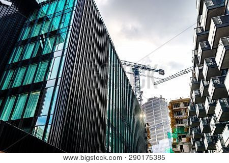 Warsaw Poland. February 18, 2019. Glass Skyscrapers Of Irregular Shape. Bottom View. Abstract Archit