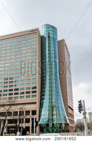 Business Center. Against The Sky. Glass Building. Warsaw Poland. February 18, 2019.