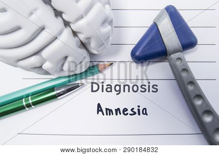 Neurological Diagnosis Of Amnesia. Neurological Reflex Hammer, Shape Of The Brain, Pen And Pencil Th