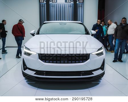 New Elektric Volvo Polestar. Exhibition Center In Geneva In 2019.