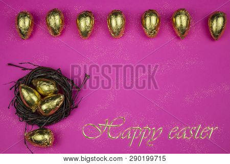 Easter Eggs. Happy Easter Card. Multi-colored Easter Eggs. Easter. Easter Eggs On A White Wooden Bac