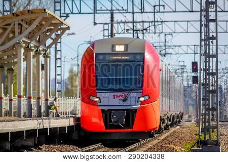. Russian Electric Train On Rails . The Railways Of Russia, Russia, Leningrad Region, Pargolovo Stat