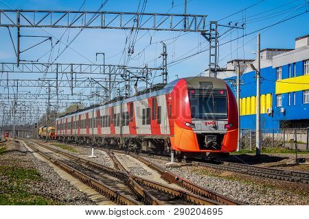 . Russian Electric Train On Rails . The Railways Of Russia, Russia, Leningrad Region, Pargolovo Stat