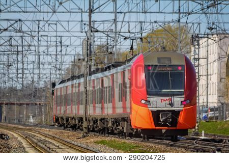 . Russian Electric Train On Rails . The Railways Of Russia, Russia, Leningrad Region, Pargolovo Stat