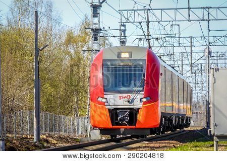 . Russian Electric Train On Rails . The Railways Of Russia, Russia, Leningrad Region, Pargolovo Stat