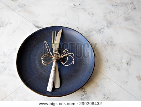 Cutlery Ceramic Plate Pastel Colors Fork Knife Dish Background Copy Space