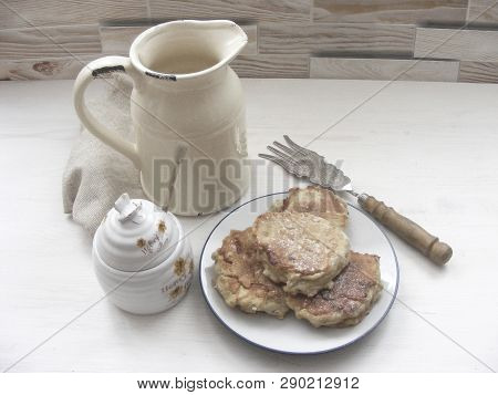 Traditional Russian Cuisine : Pancakes  With Oak Flakes On  Shabby White Wooden Background With Rust