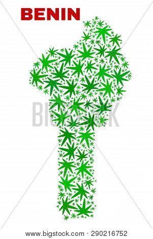 Vector Cannabis Benin Map Mosaic. Concept With Green Weed Leaves For Marijuana Legalize Campaign. Ve