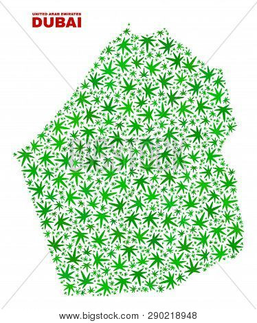 Vector Cannabis Dubai Emirate Map Mosaic. Template With Green Weed Leaves For Cannabis Legalize Camp