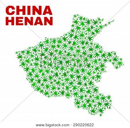 Vector Cannabis Henan Province Map Mosaic. Template With Green Weed Leaves For Weed Legalize Campaig