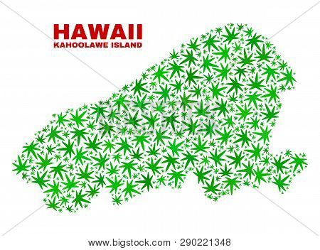 Vector Cannabis Kahoolawe Island Map Mosaic. Template With Green Weed Leaves For Cannabis Legalize C
