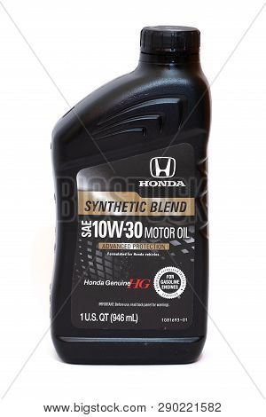 Montego Bay, Jamaica - March 15 2019: Honda Genuine Synthetic Blend Motor Oil Bottle Isolated On Whi