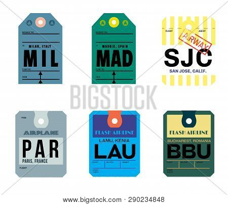 Milan Madrid San Jose Paris Lamu Bucharest Airline Baggage Tags Flat Illustration.
