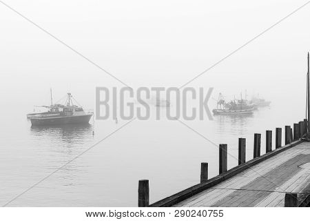 Fishing Boats At Anchor In Harbor And Mist At Moeraki In South Island.