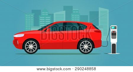 Red Electric Compact Cuv Isolated. Electric Car Is Charging, Side View. Vector Flat Illustration. Ve