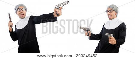 Man in nun dress with handgun 