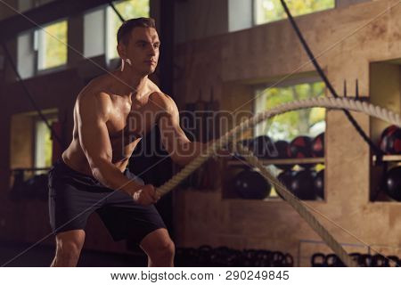 Fit, sporty and athletic sportsman working in a gym. Man training using battle ropes. Sports, athletics and fitness concept.