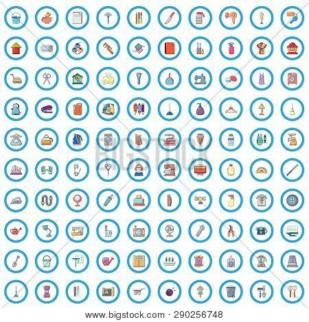 100 Household Goods Icons Set. Cartoon Illustration Of 100 Household Goods Vector Icons Isolated On 