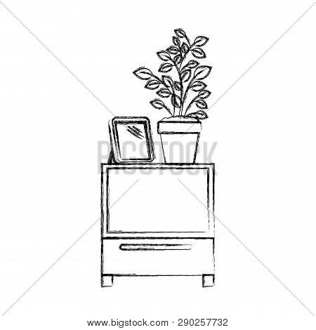 Monochrome Blurred Silhouette Of Decorative Cabinet Table With Books And Plantpot Vector Illustratio