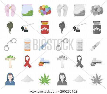 Drug Addiction And Attributes Cartoon, Mono Icons In Set Collection For Design. Addict And Drug Vect