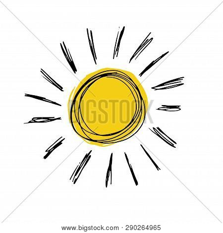 Hand Drawn Vector Illustration Of Yellow Sun Icon Isolated On White. Sun Logo Design. Summer Sun Log