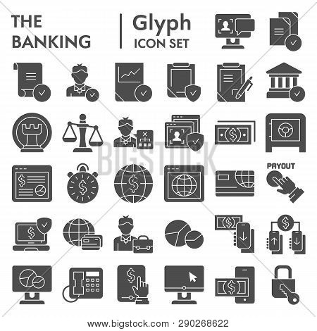 Banking Glyph Icon Set, Finance Symbols Collection, Vector Sketches, Logo Illustrations, Commerce Si