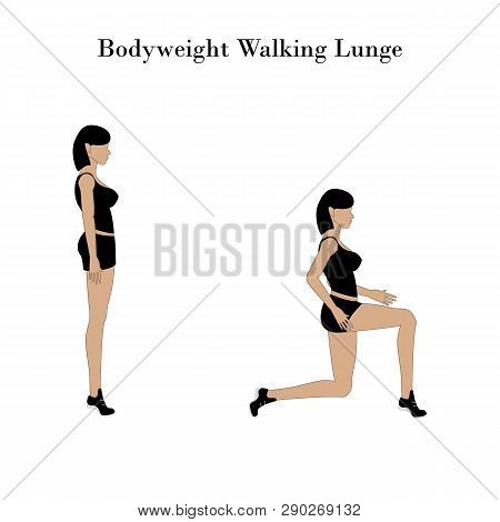 Bodyweight Walking Lunge Exercise Workout On The White Background. Vector Illustration