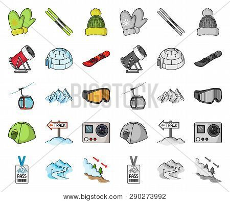 Ski Resort And Equipment Cartoon, Mono Icons In Set Collection For Design. Entertainment And Recreat