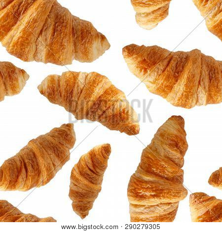 Seamless Pattern With French Croissants Isolated On White. Top View. Bakery Background. Food Texture