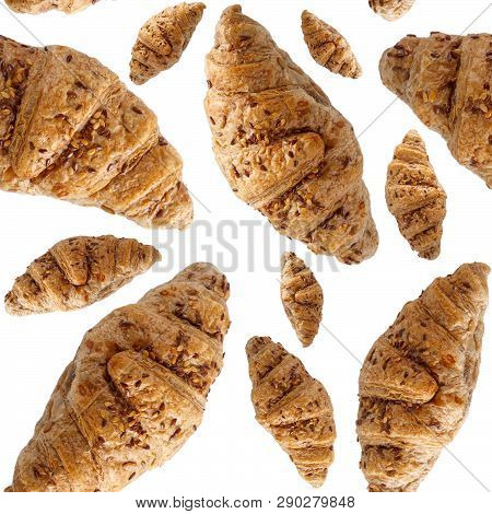 Seamless Pattern With French Croissants Isolated On White. Top View. Bakery Background. Food Texture