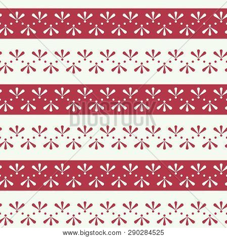 Vector Folklore Floral Stripes With Red Seamless Pattern Background.